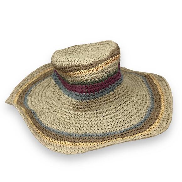 Woven Straw Paper Hat OS Multicolor 100% Paper Pastel Lightweight Summer - Picture 3 of 5